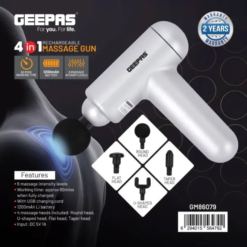 Geepas 4'ü 1 arada şarj edilebilir masaj tabancası